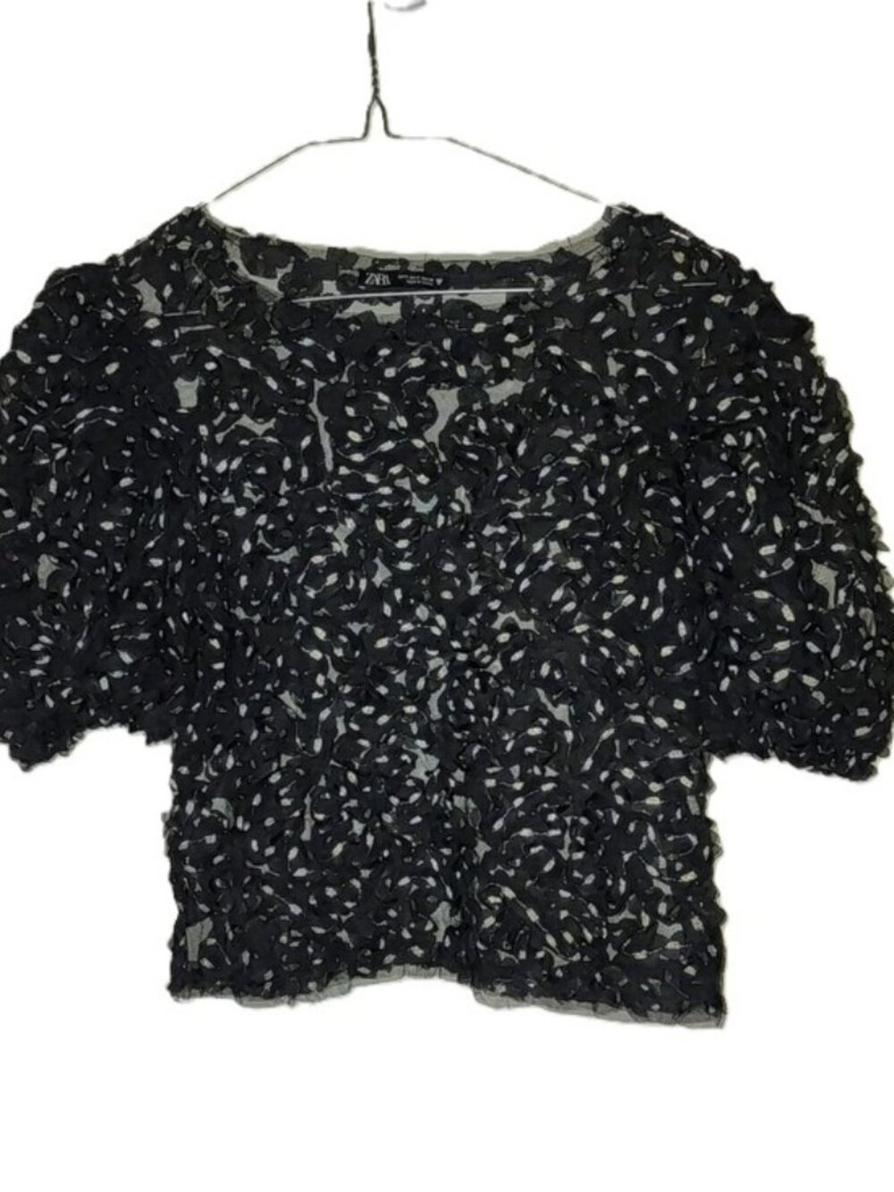 Zara Floral Sheer Mesh Textured Blouse Puffed Short-Sleeve Evening Party Small
